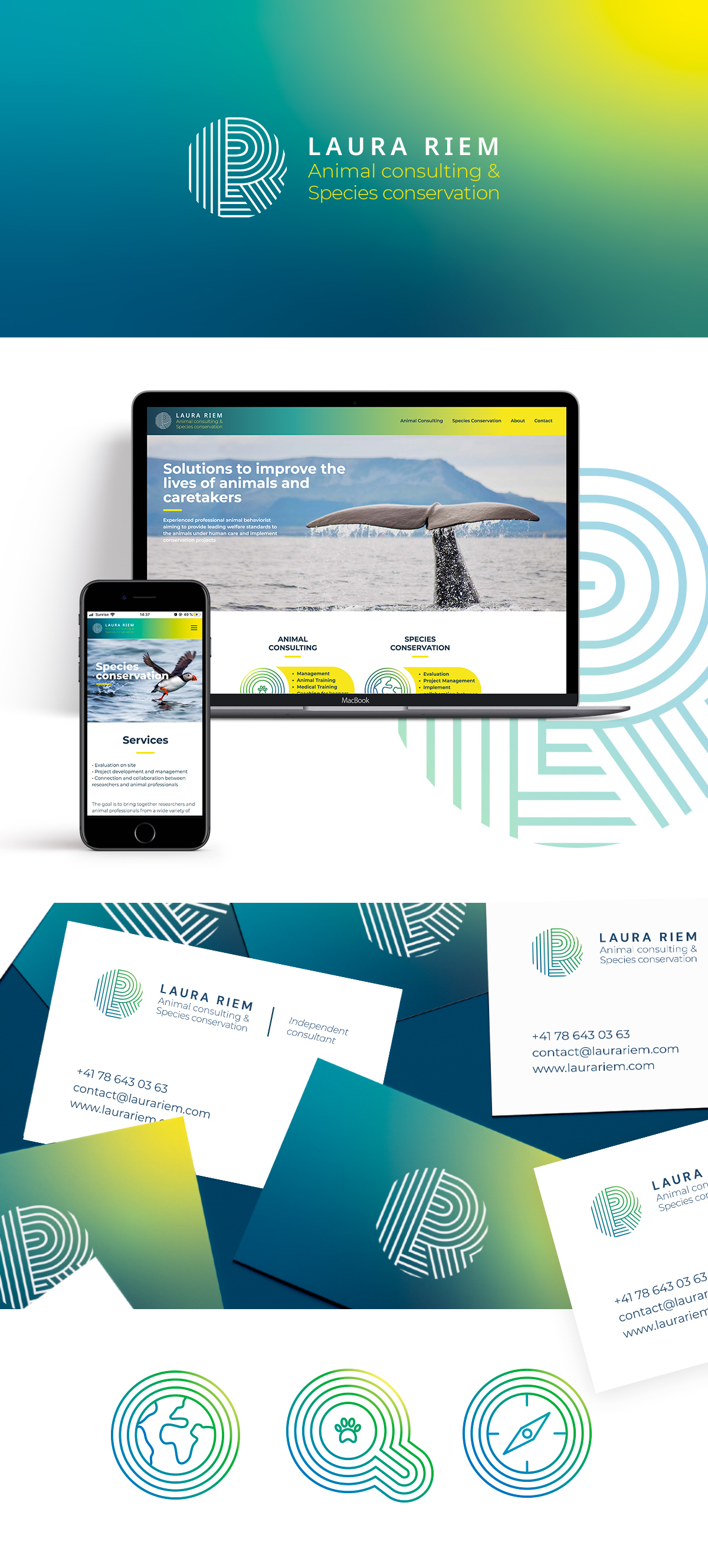 Images du branding, du site web et des supports print créés pour Laura Riem