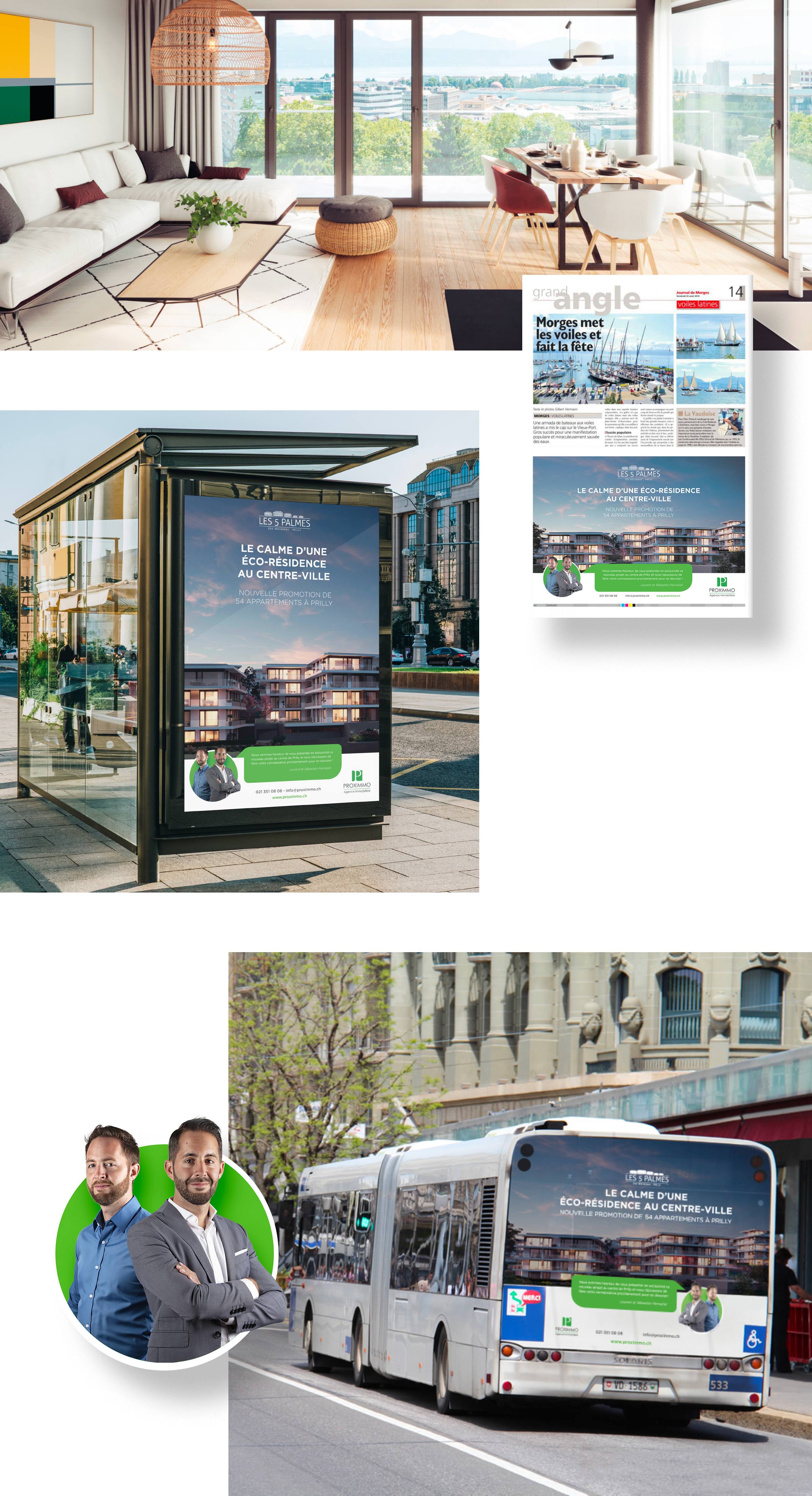 Affiches, annonces print, bus réalisés pour la promotion immobilière les 5 palmes