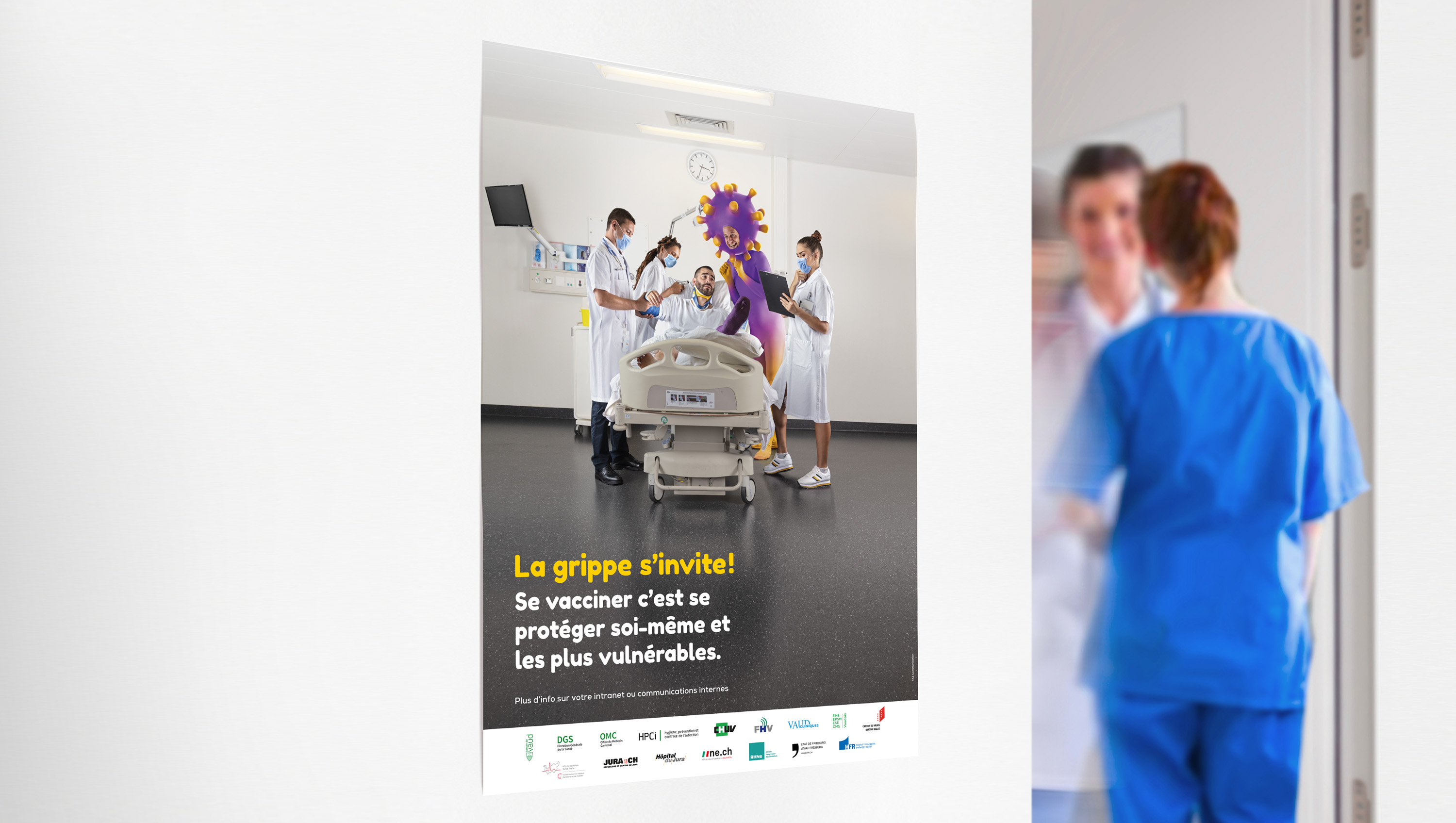 Campagne grippe chuv 2022 affiche dans couloir d'hopital
