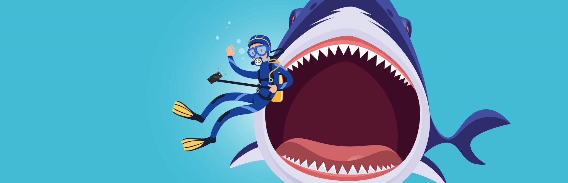 Bannière publicité humour noir requin plongeur selfie