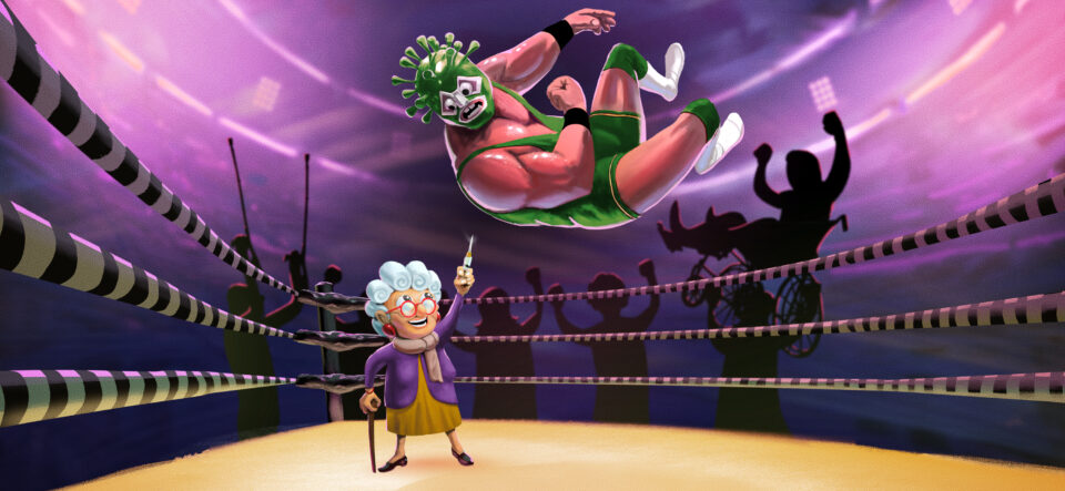 Campagne CHUV Grippe 2023 bannière catcheur saute sur grand-mère qui tient une seringue