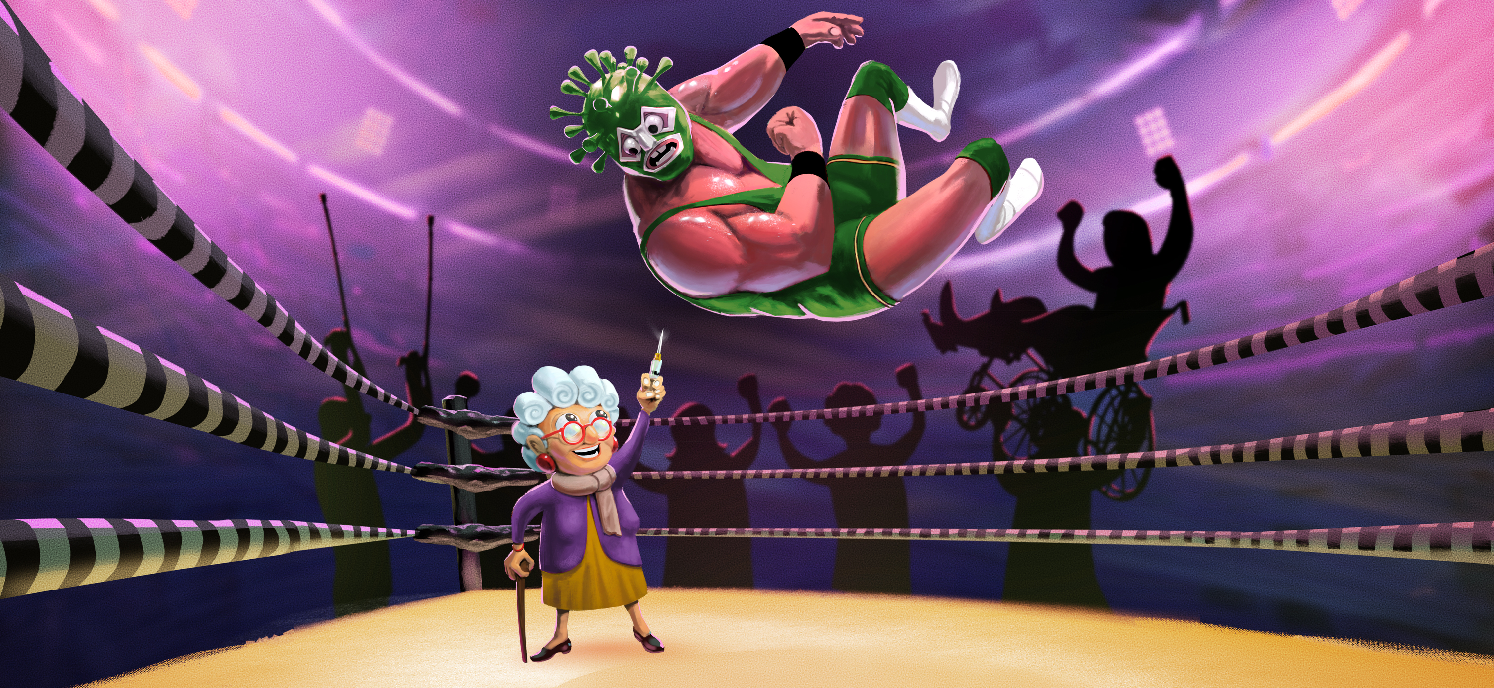 Campagne CHUV Grippe 2023 bannière catcheur saute sur grand-mère qui tient une seringue