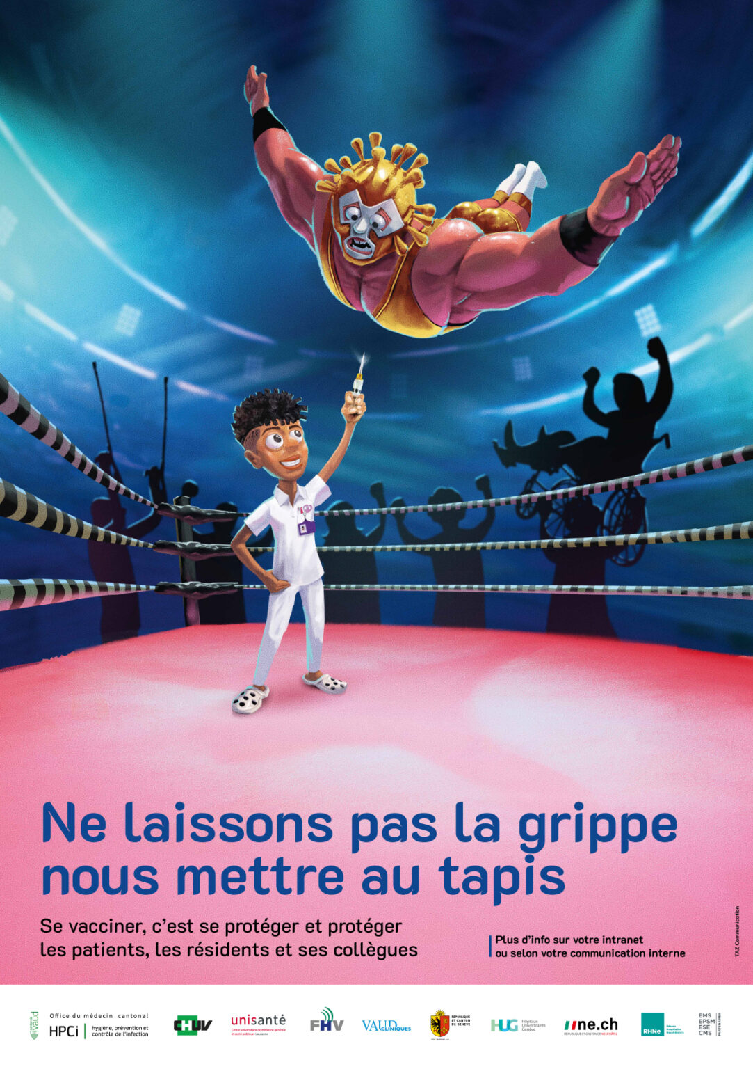Campagne CHUV Grippe 2023 affiche catcheur saute sur infirmier qui tient une seringue