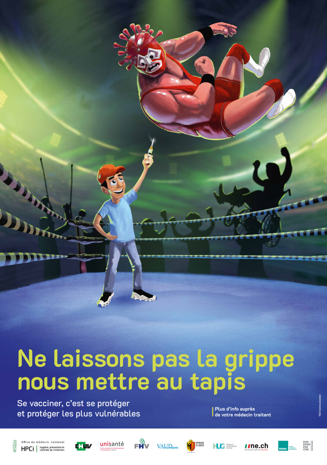 Campagne CHUV Grippe 2023 affiche catcheur saute sur ouvrier qui tient une seringue