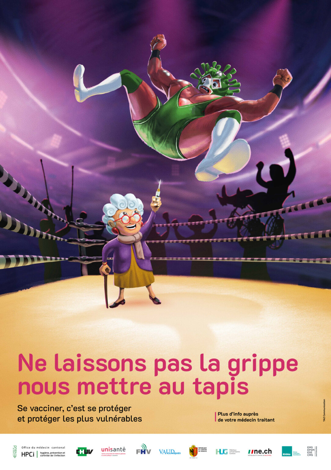 Campagne CHUV Grippe 2023 affiche catcheur saute sur une grand-mère qui tient une seringue