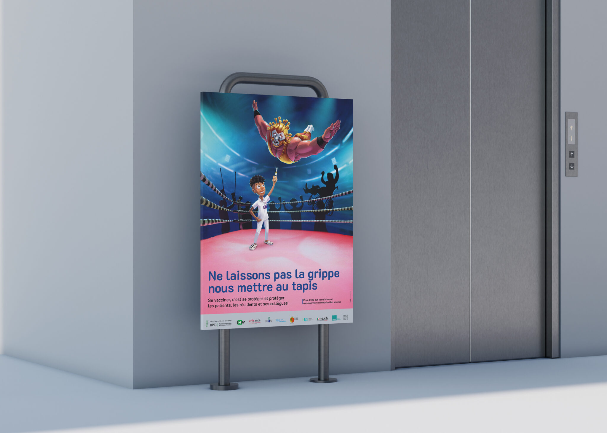 Campagne CHUV Grippe 2023 mockup d'affiche F24 dans un couloir d'hopital