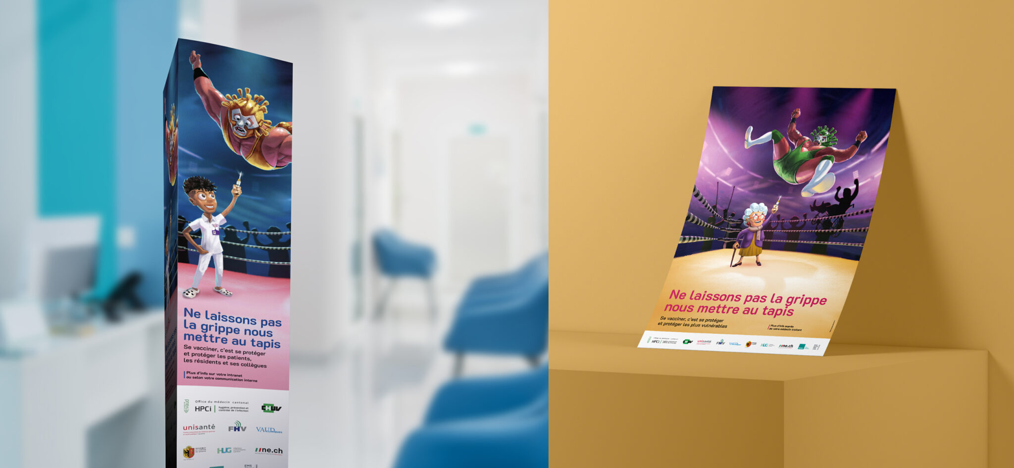 Campagne CHUV Grippe 2023 mockup de totem et d'un flyer