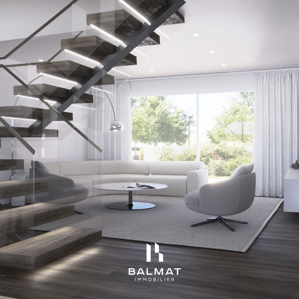 Logo Balmat Immobilier sur montage 3D de salon
